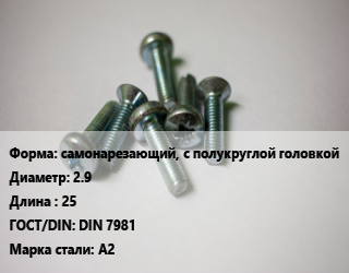 Винт самонарезающий, с полукруглой головкой 2.9х25 DIN 7981 Сталь: А2, по запросу, кг цена от 174.91 Тг / кг, где купить, условия доставки в Атырау и Атырауской области области